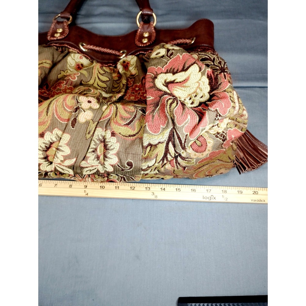 Isabella Fiore Floral Tapestry Satchel Handbag Brown Leather Trim Boho VTG Purse - Picture 12 of 16